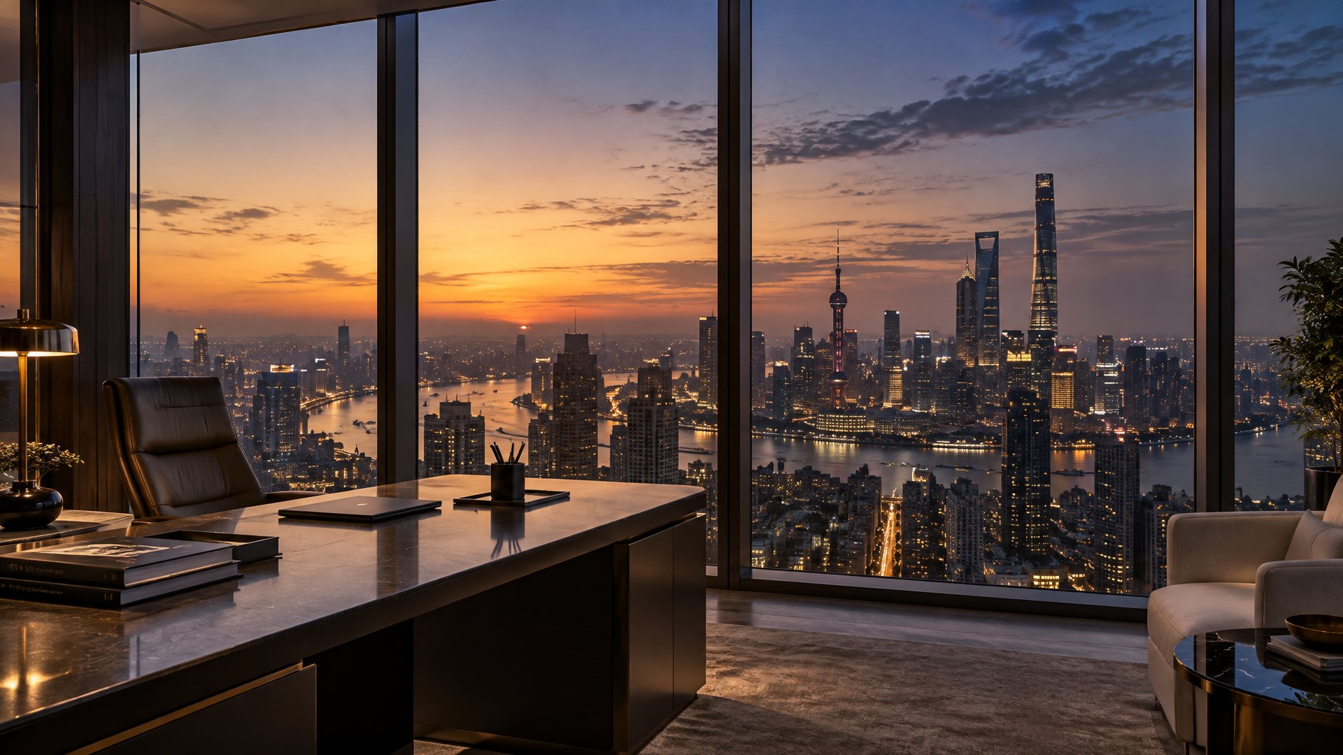 City skyline at dusk from a high-floor office